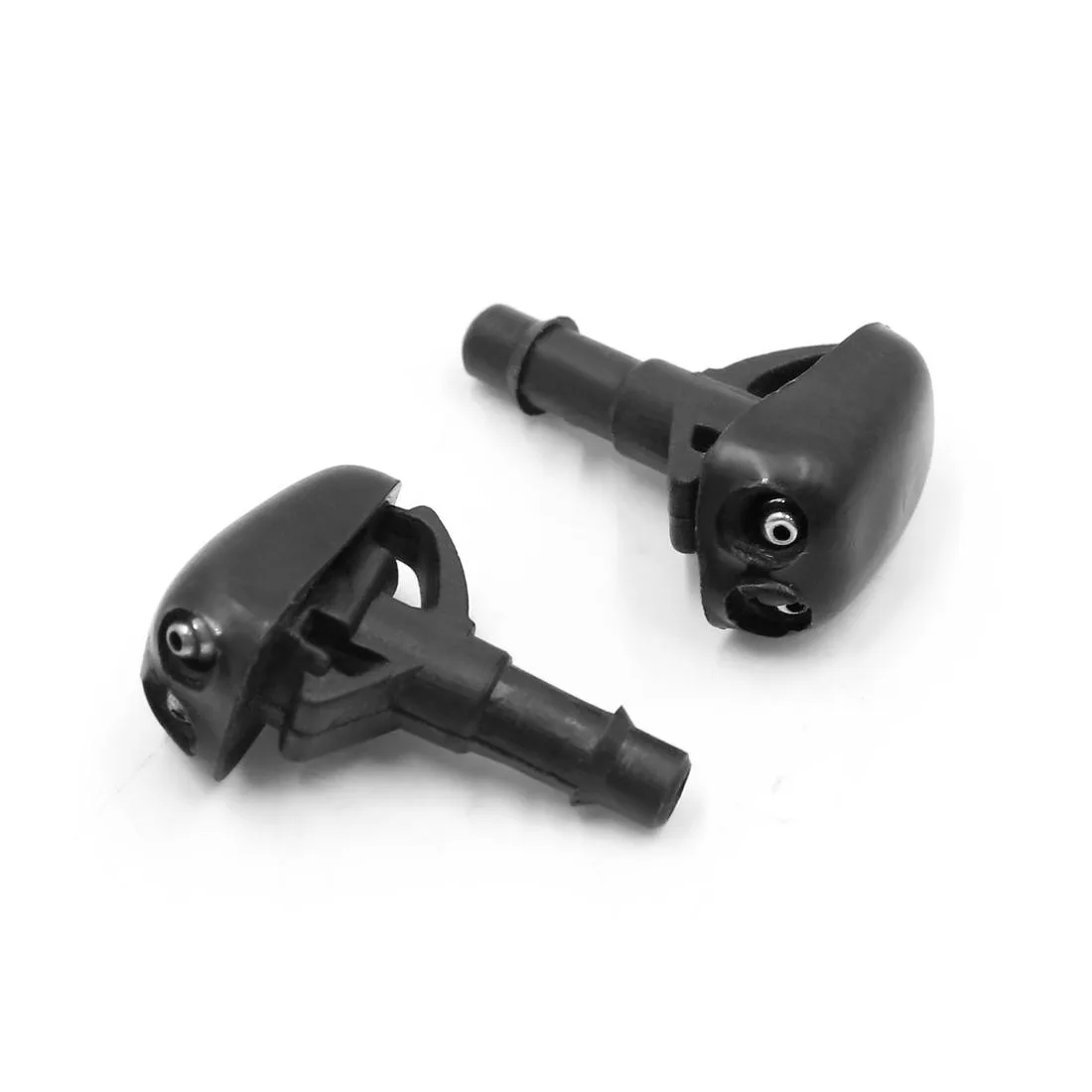 Two black plastic windshield washer nozzles, dual-hole design, rectangular shape with barbed inlet