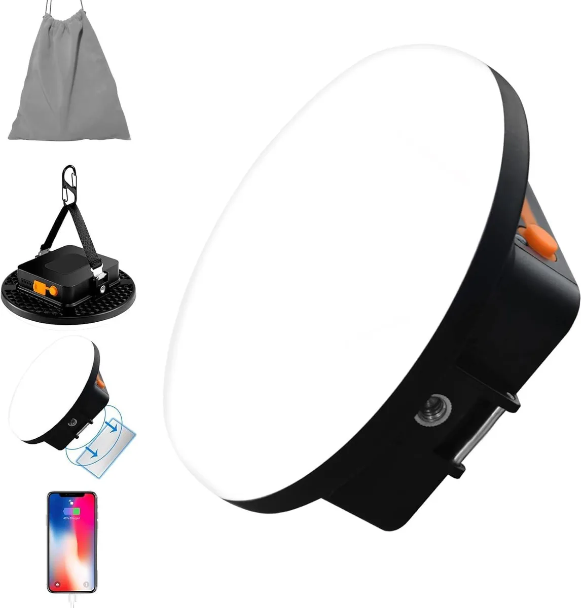 Black cylindrical LED flashlight with digital power display, magnetic base, hook and carry bag