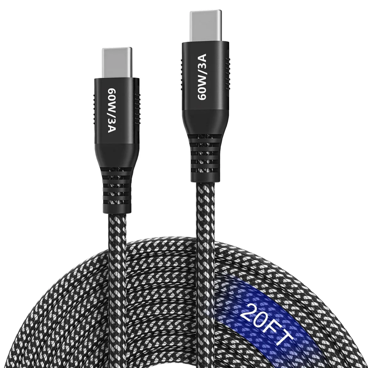 A twenty-foot braided USB-C to USB-C cable with male connectors on both ends