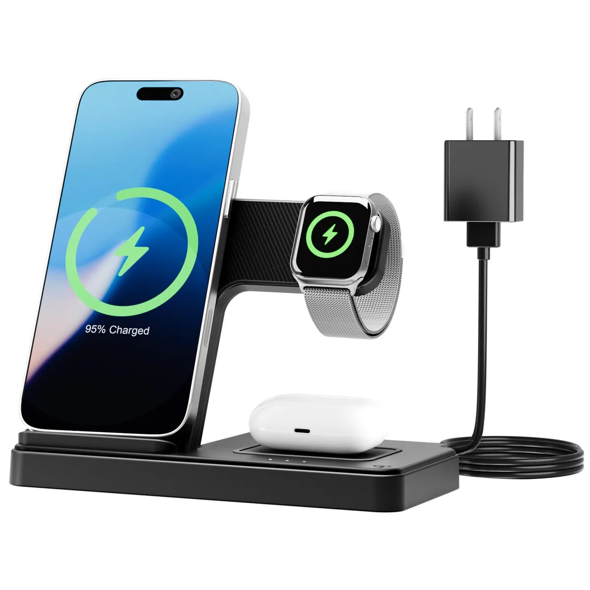 Black foldable 3-in-1 wireless charging stand for iPhone Apple Watch AirPods