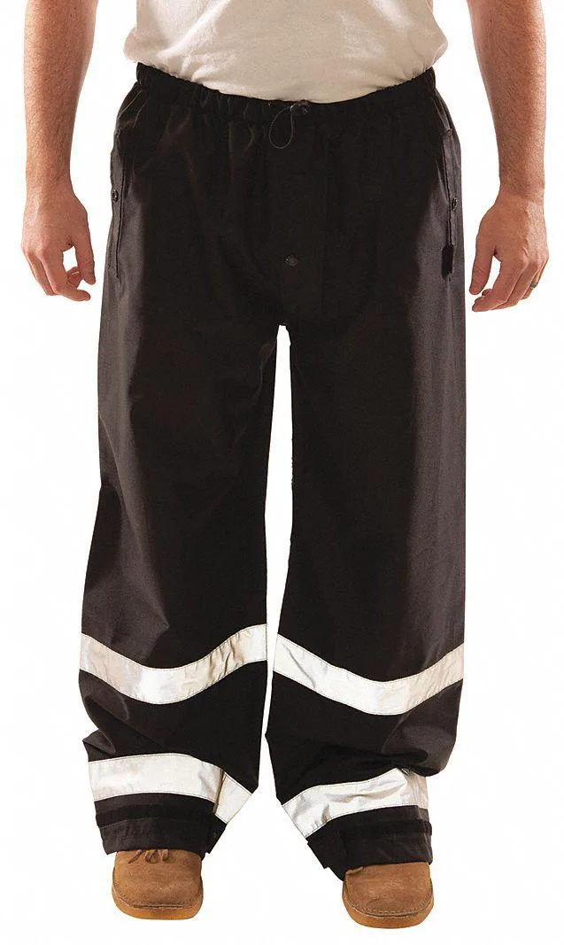 Black polyurethane rain pants size 4XL with drawstring waist and hook-and-loop ankles