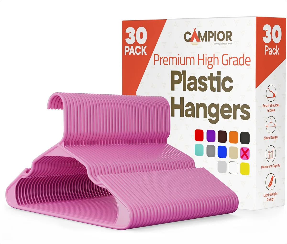 Pink plastic hangers in a pack of 30, slim .197-inch profile with shoulder notches