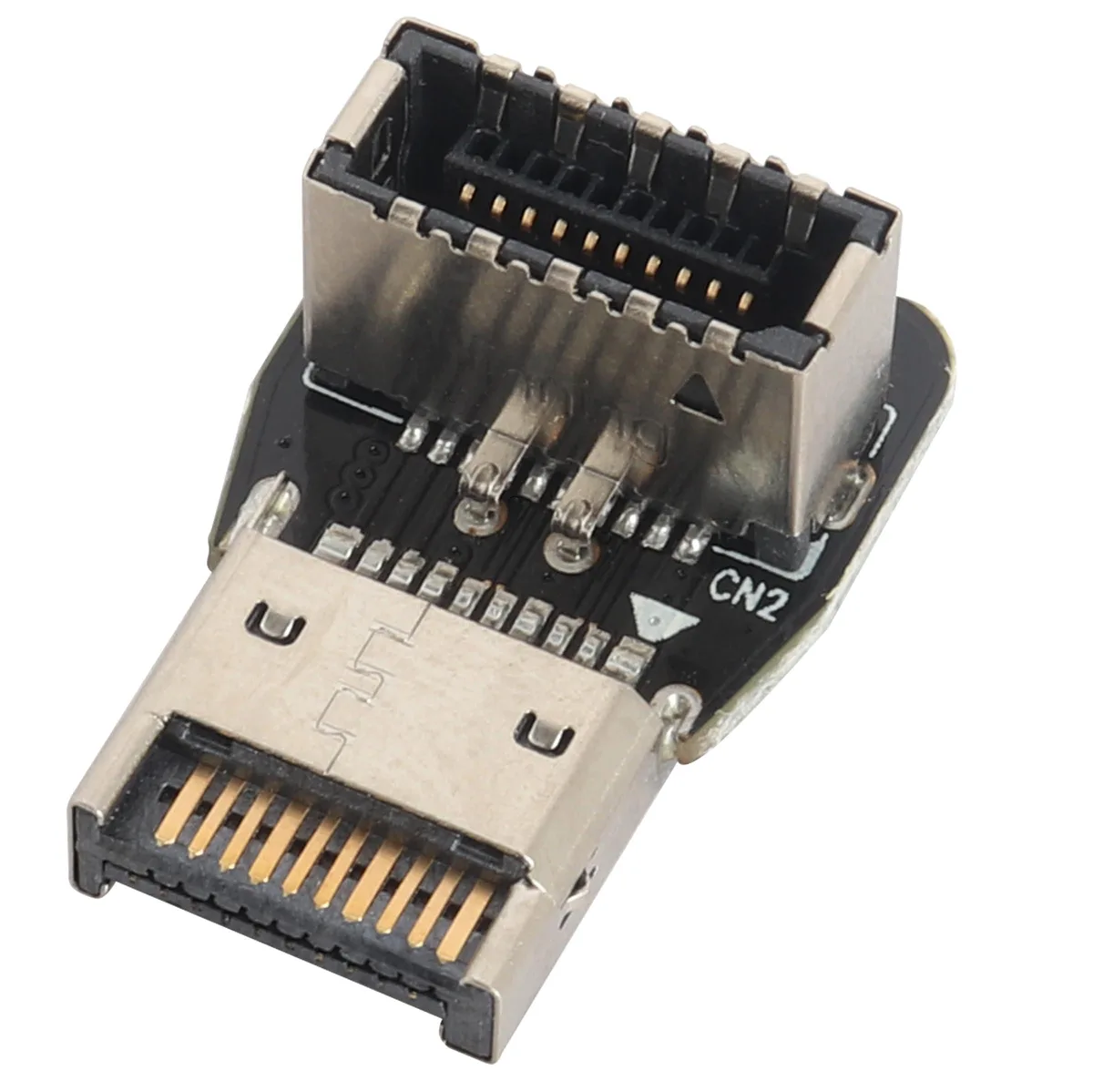Black plastic and metal 90-degree down-angled USB 3.2 Type-E adapter, 2.2 by 1.5 by 1 cm
