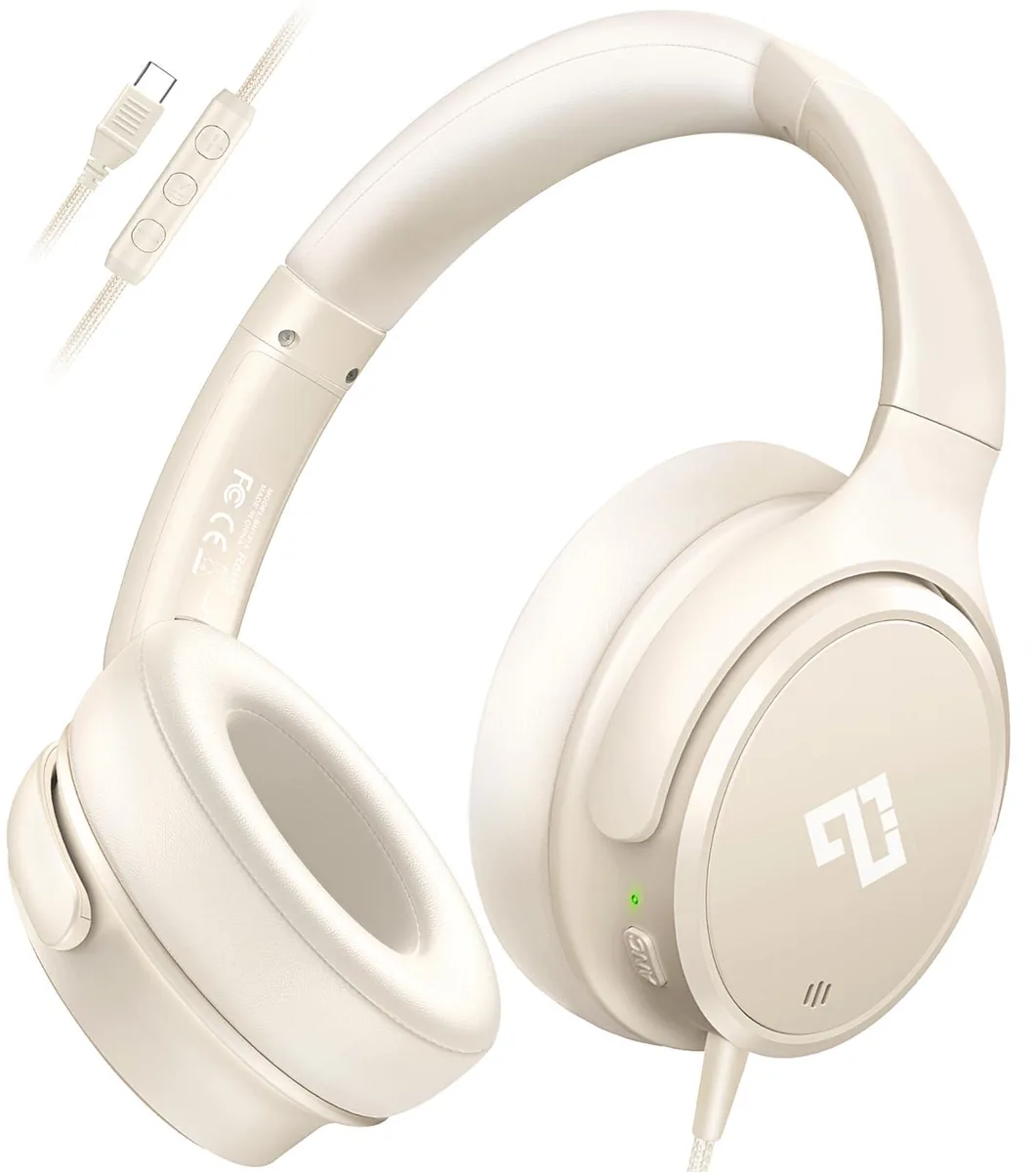 White over-ear headphones with USB-C cable, foldable design, 195g