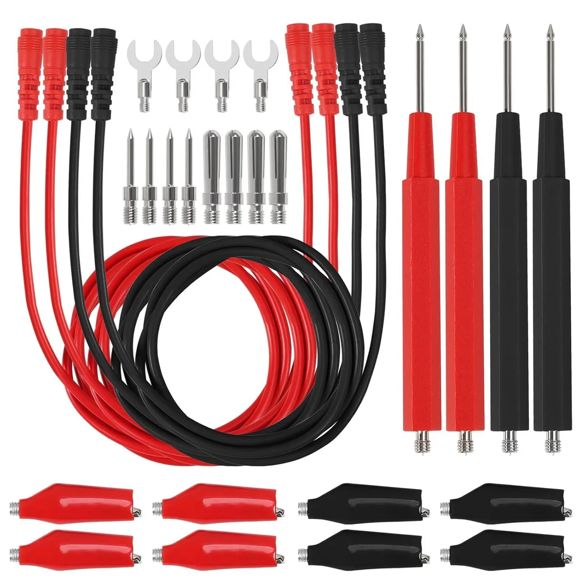 Red and black test leads with alligator clips banana plugs and probes coiled together