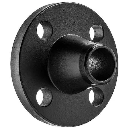 Black coated steel weld neck flange, six inch pipe, raised face, twelve bolt holes