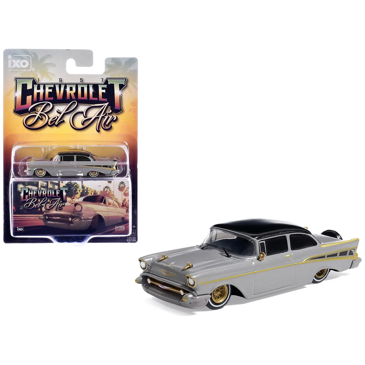 Ixo Models Ixo Models 1957 Chevrolet Bel Air Lowrider Gray Black Top Gold Accents 1/64 Diecast Hobby Collectible — product photo
