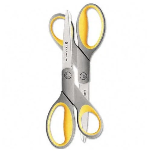 Two gray and yellow 8 inch straight scissors with soft handles and adjustable pivot
