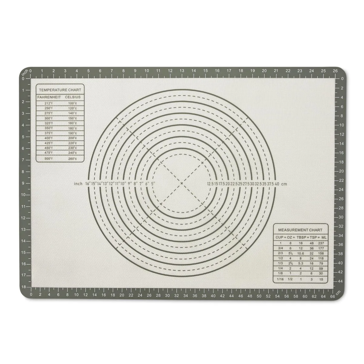 Gray and white rectangular silicone baking mat with printed measurements lying flat