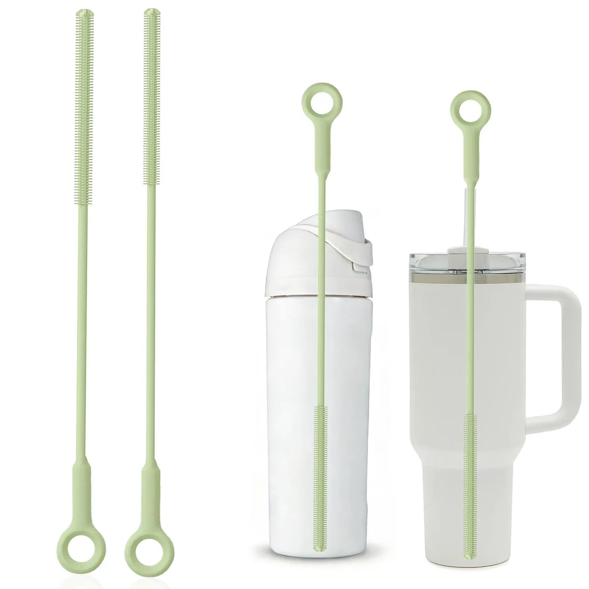 Avocado green silicone straw brush with bendable wire core, 10 inches long