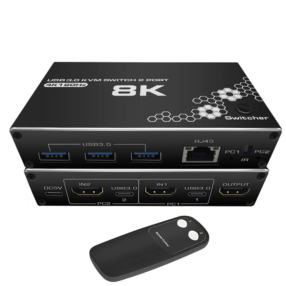 ESTONE ESTONE OZK1-New 2-port 8K HDMI KVM switch 3×USB 3.0 RJ45 — product photo