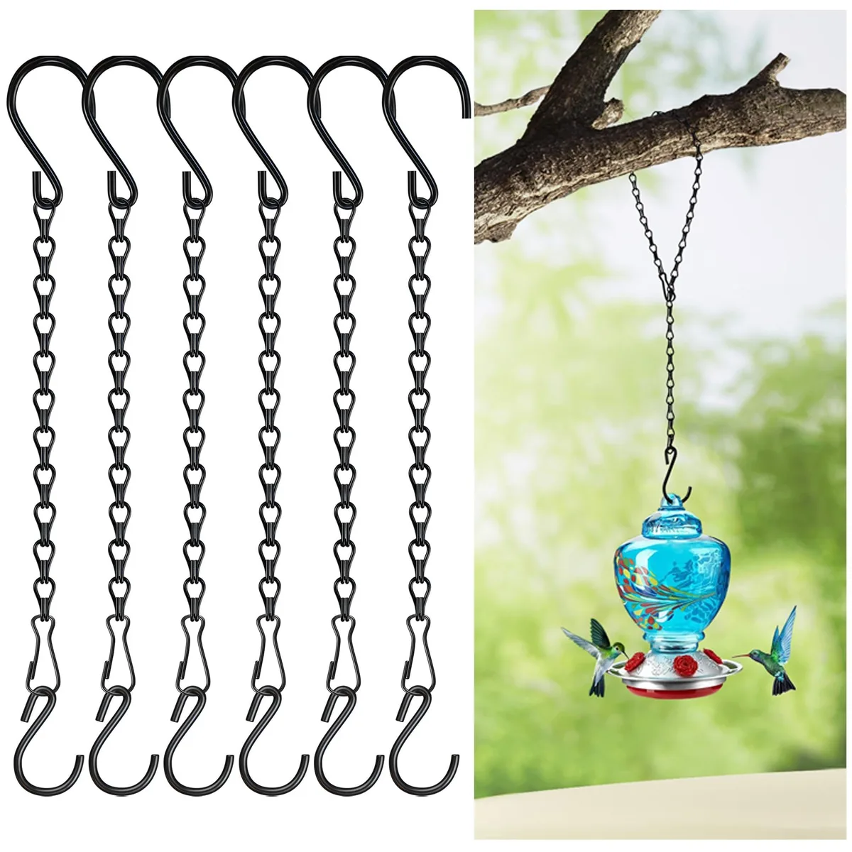Six black iron chains with S hooks, each eleven inches long