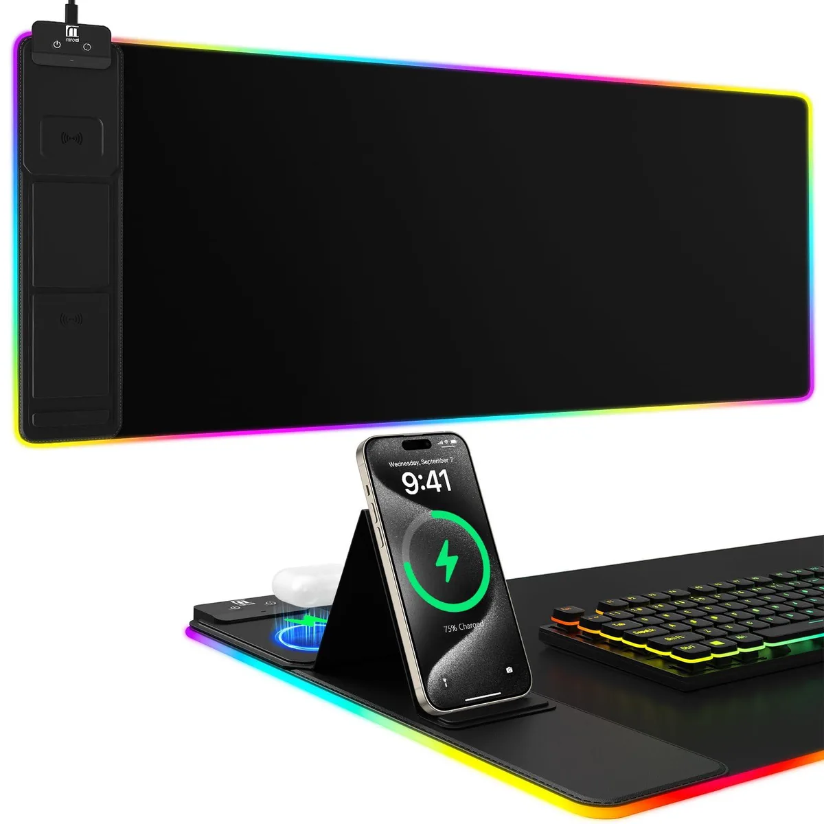  Miroddi 31.5x15.75" Wireless Charging RGB Desk Mat with Phone Stand — product photo