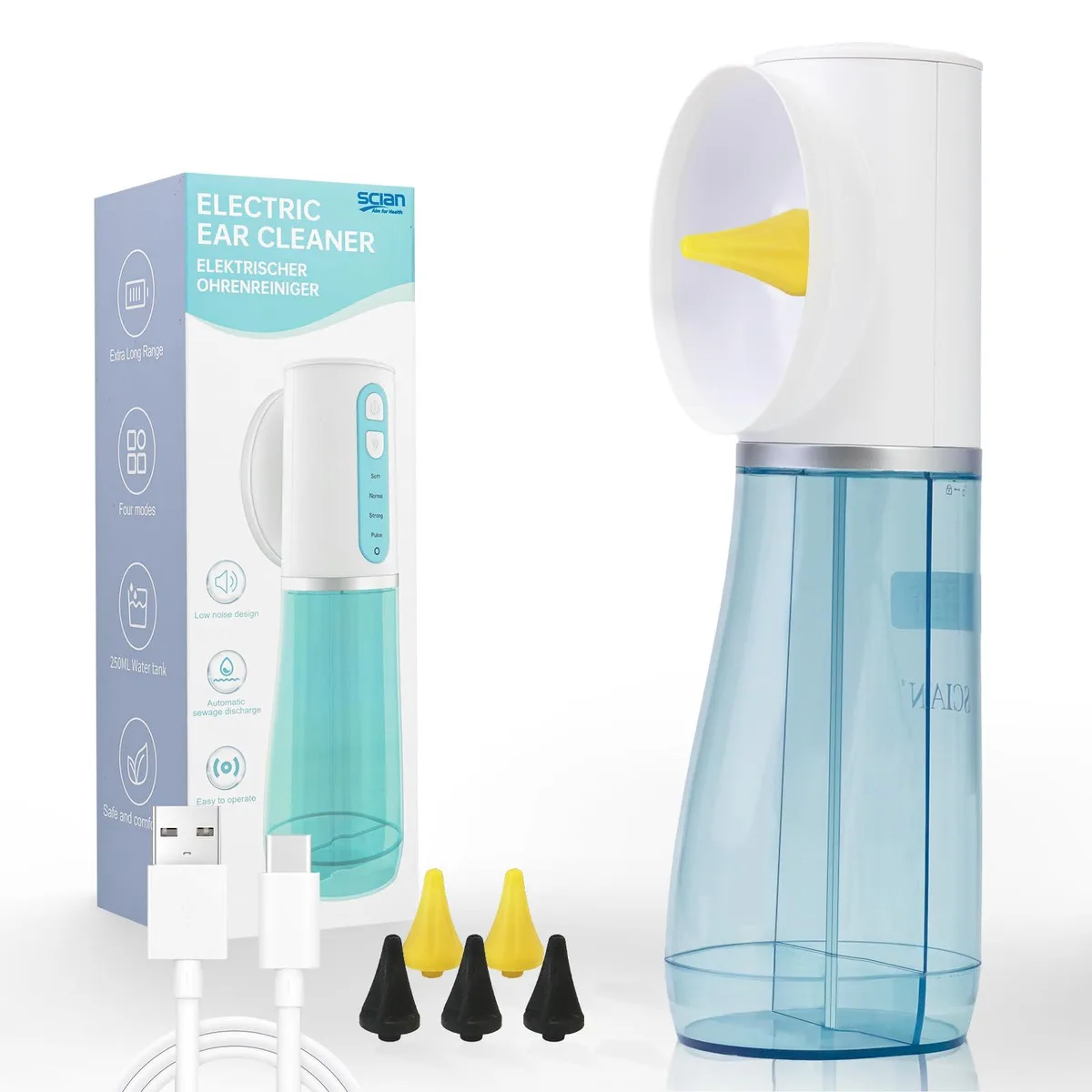 Blue electric ear irrigation device with dual tanks and six tips