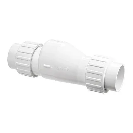 White PVC inline check valve, 2-inch slip connections, compact cylindrical body