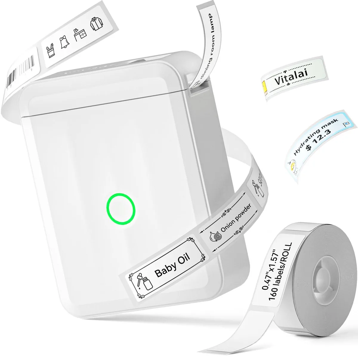 Compact white label printer with USB-C cable and label roll