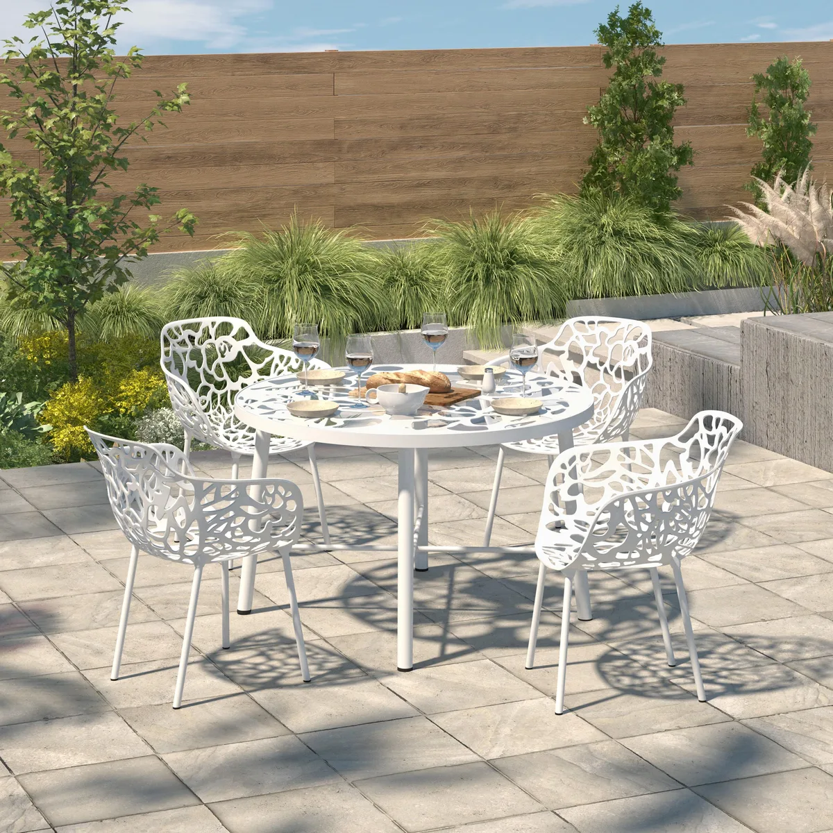 LeisureMod LeisureMod Devon Tree Design Glass Top Aluminum Base Dining Table White — product photo