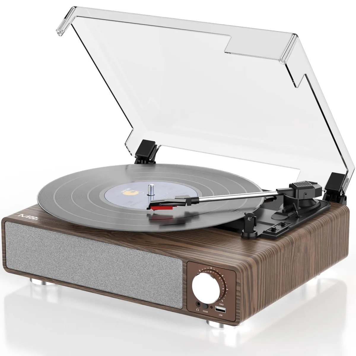 Brown wooden suitcase turntable with built-in speakers, clear dust cover and front controls