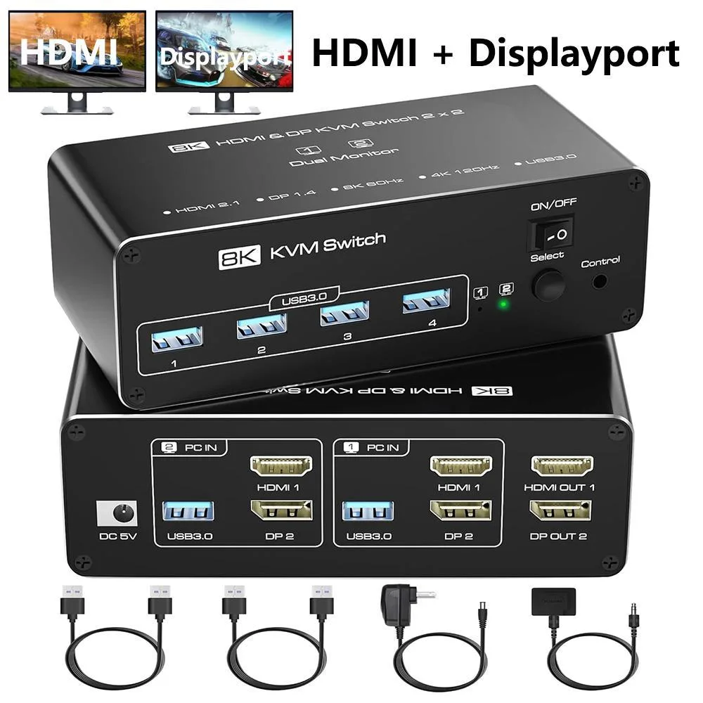 WRIARICH WRIARICH KVM504B KVM Switch 2 Monitors 2 Computers 8K@60Hz HDMI DP 4K@120Hz 4 USB 3.0 Desktop Controller — product photo