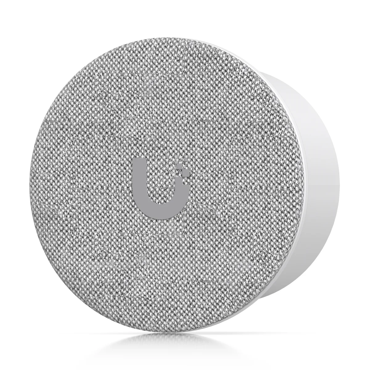Small white cylindrical audio module with flush ceiling mount and thin USB-C cable