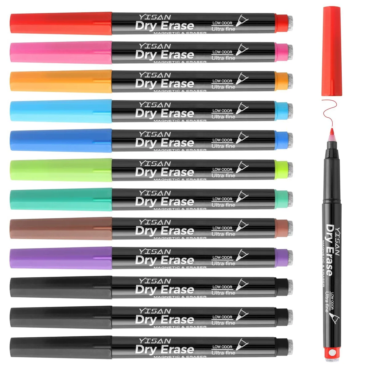  YISAN Dry Erase Markers Ultra Fine Tip 0.7mm Assorted Colors 12 Pack — product photo