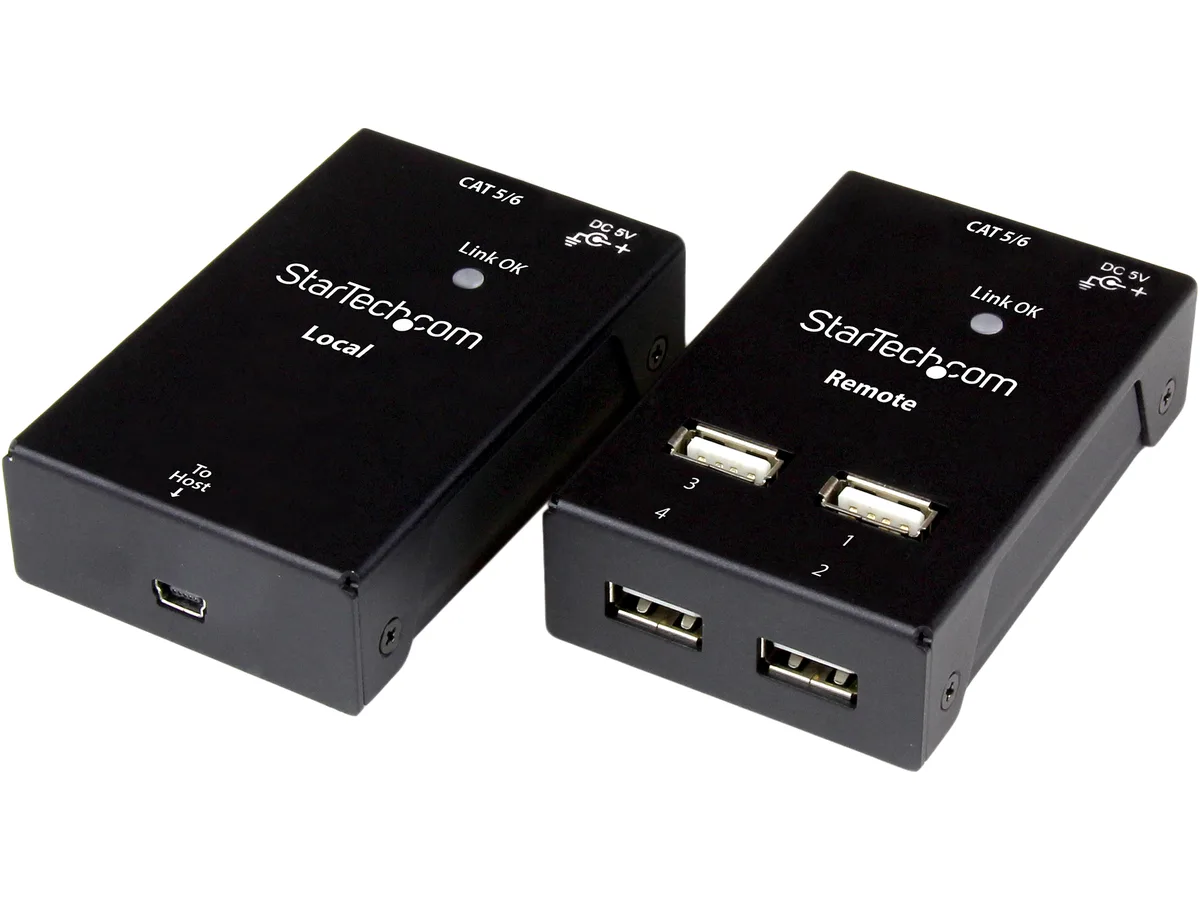 Black rectangular USB extender kit with two units, four USB-A ports, RJ45 jacks, and mini-USB connector
