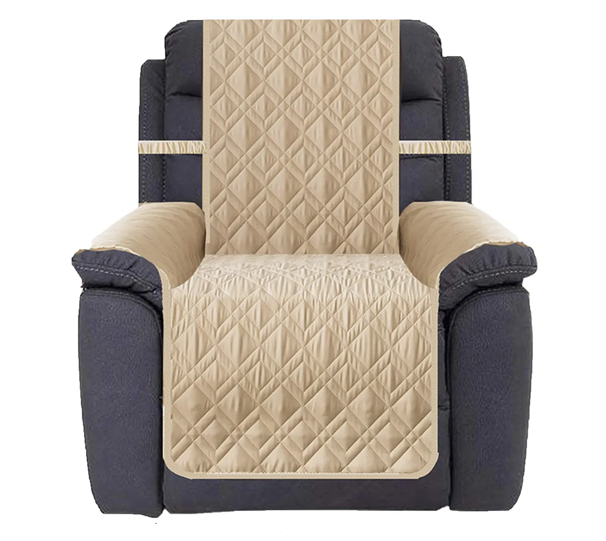 Beige polyester recliner cover folded flat showing quilted texture and elastic edges