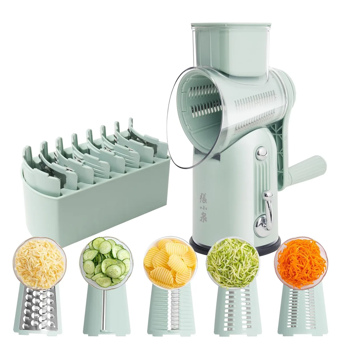 Green hand-crank rotary grater with suction base and five interchangeable blades