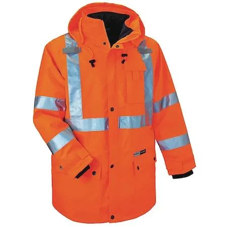 Bright orange high-visibility hooded jacket with zipper front and multiple pockets