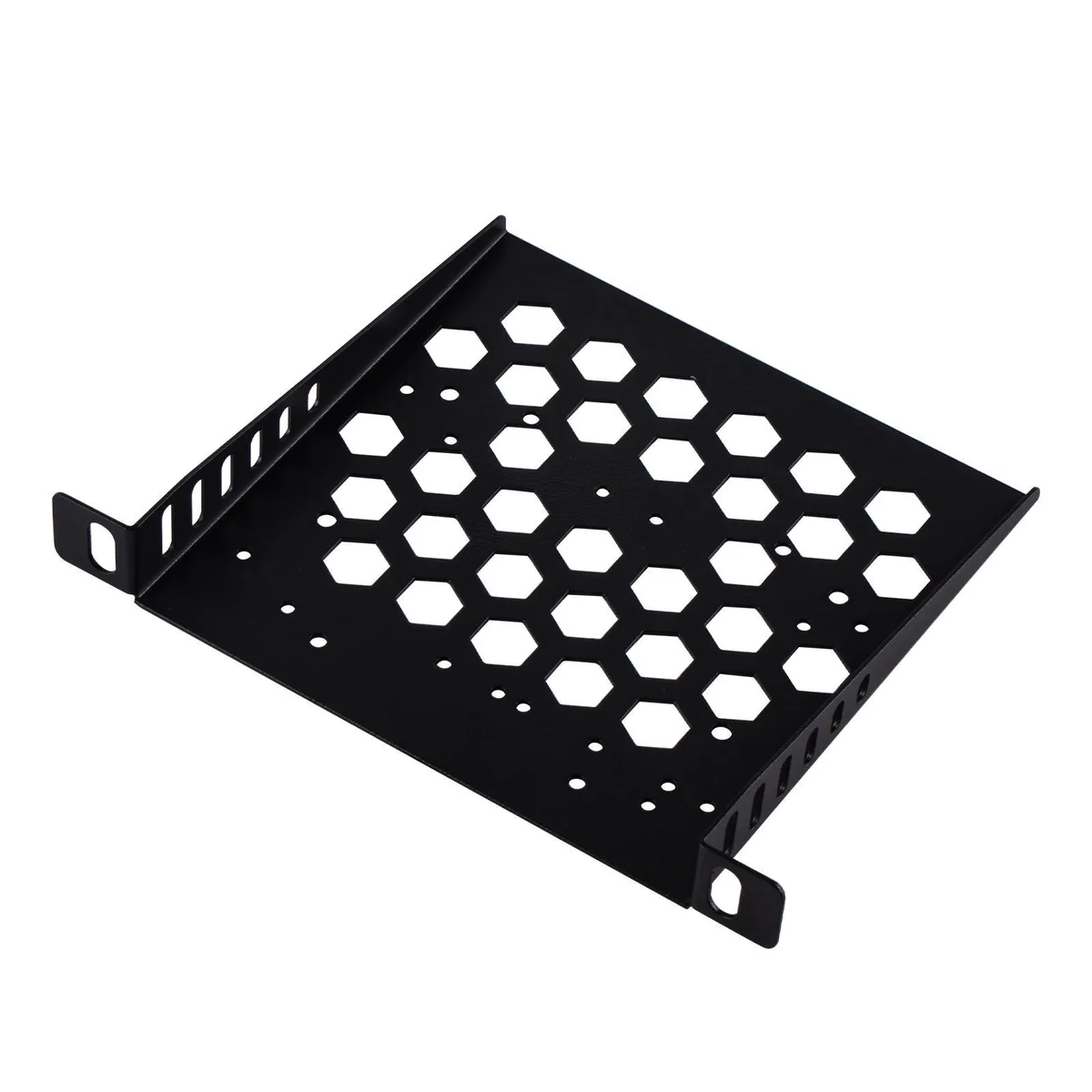 Black steel half-U rack shelf with ventilated surface and mounting slots