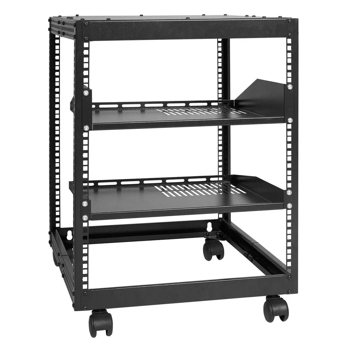 Black open-frame 12U server rack on four casters, adjustable depth 23 to 40 inches