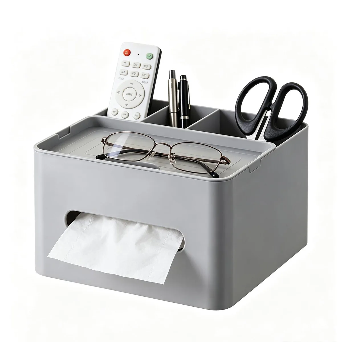 Gray plastic tissue box holder with three side compartments and a top tray