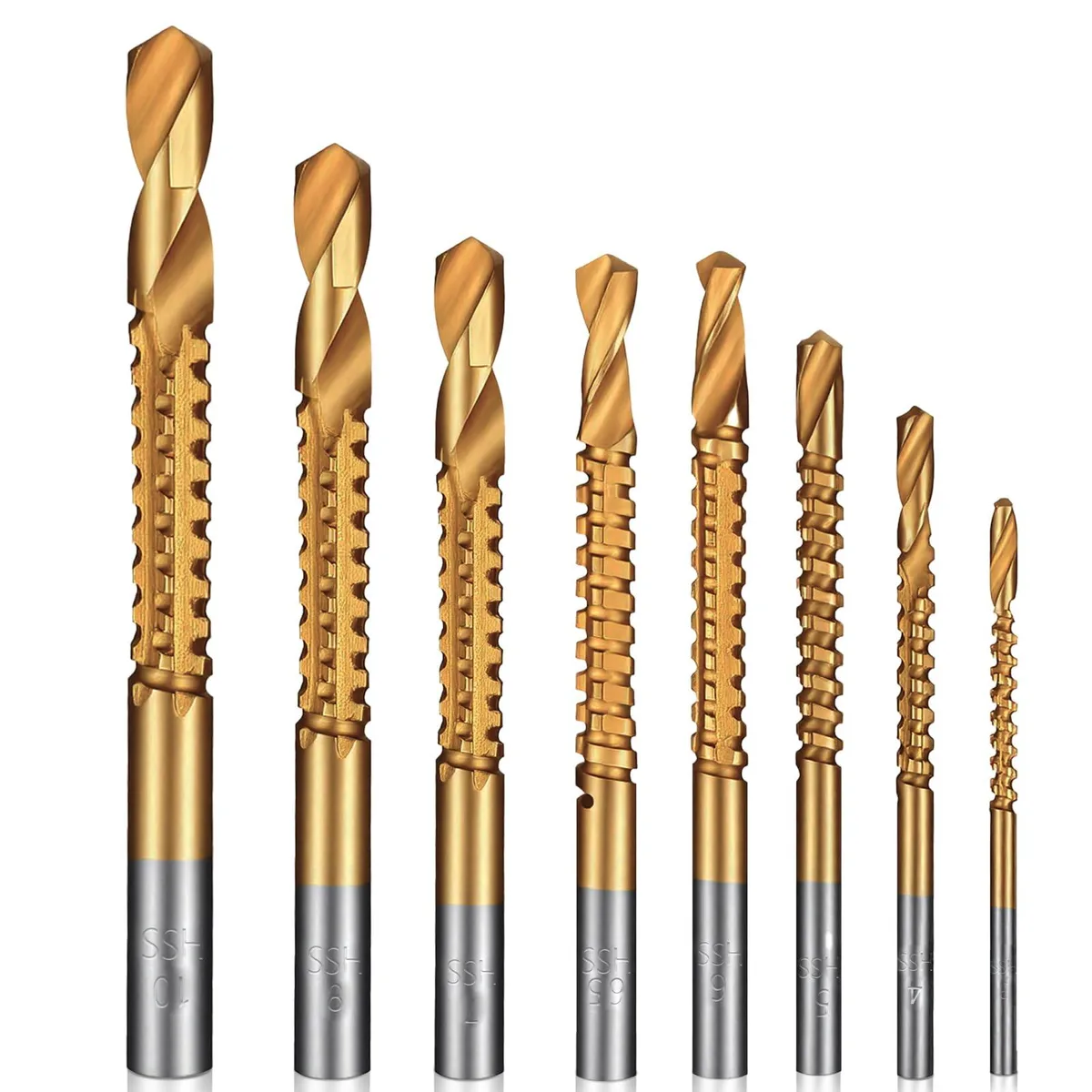 Eight gold titanium-coated drill bits in a set