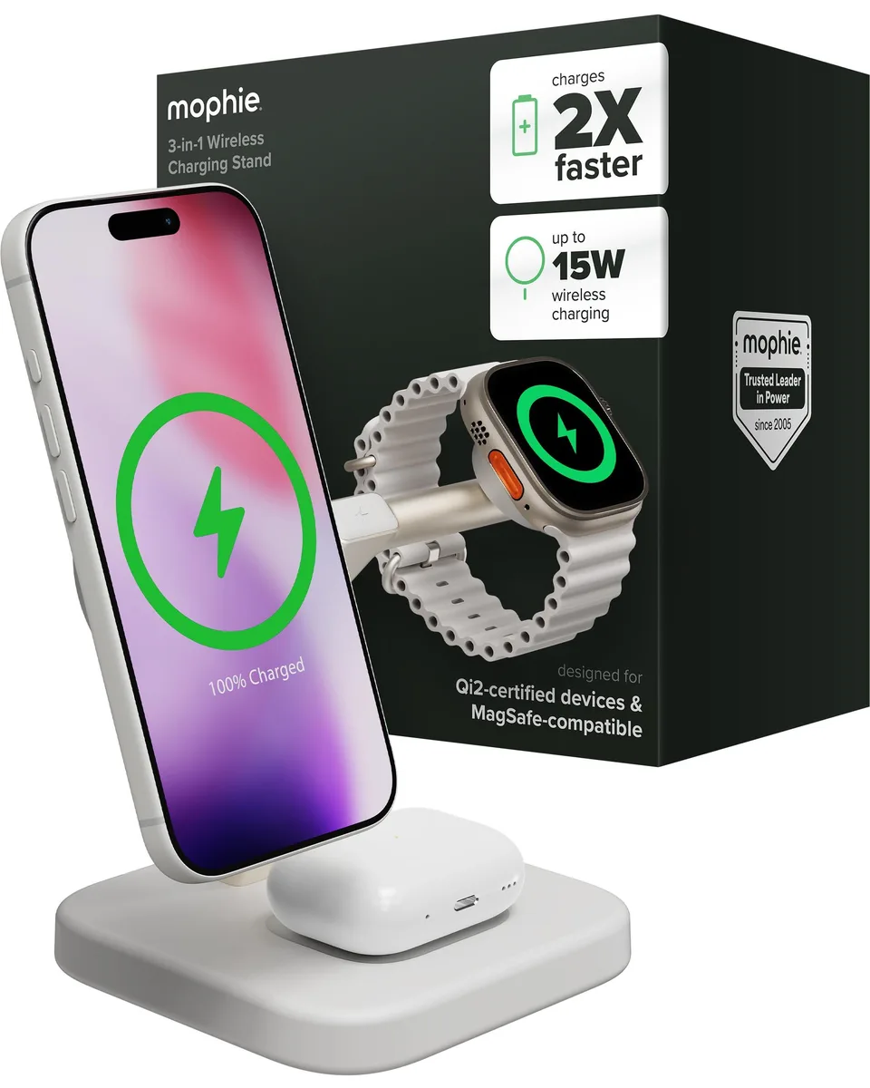  Mophie 3-in-1 Wireless Charging Stand Qi2 15W White — product photo