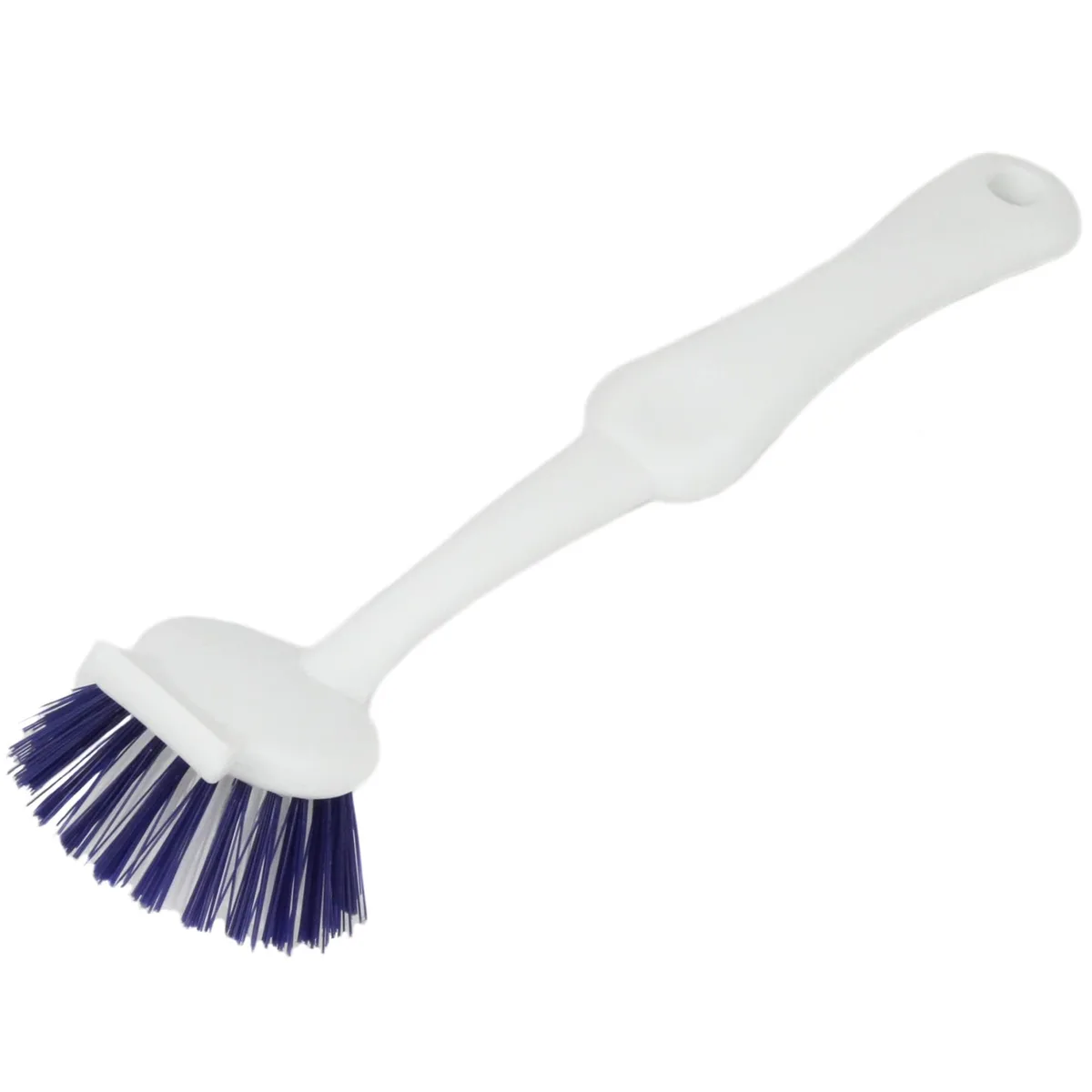 White vegetable and pan brush with pan scraper and hanging hole