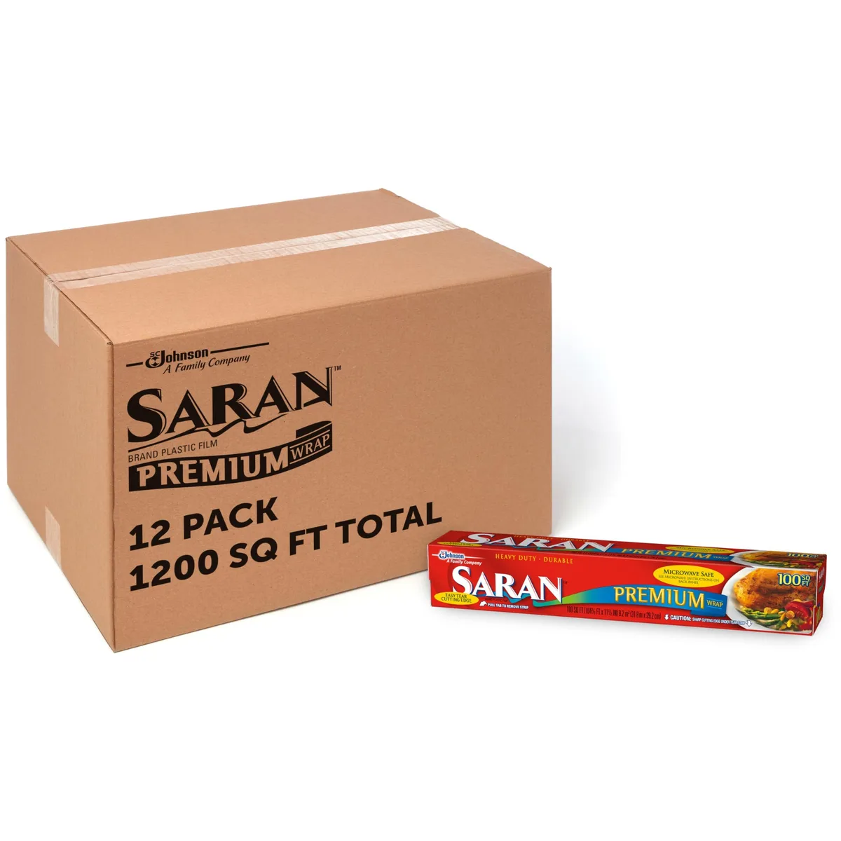 Red rectangular dispenser box containing twelve rolls of clear plastic food wrap