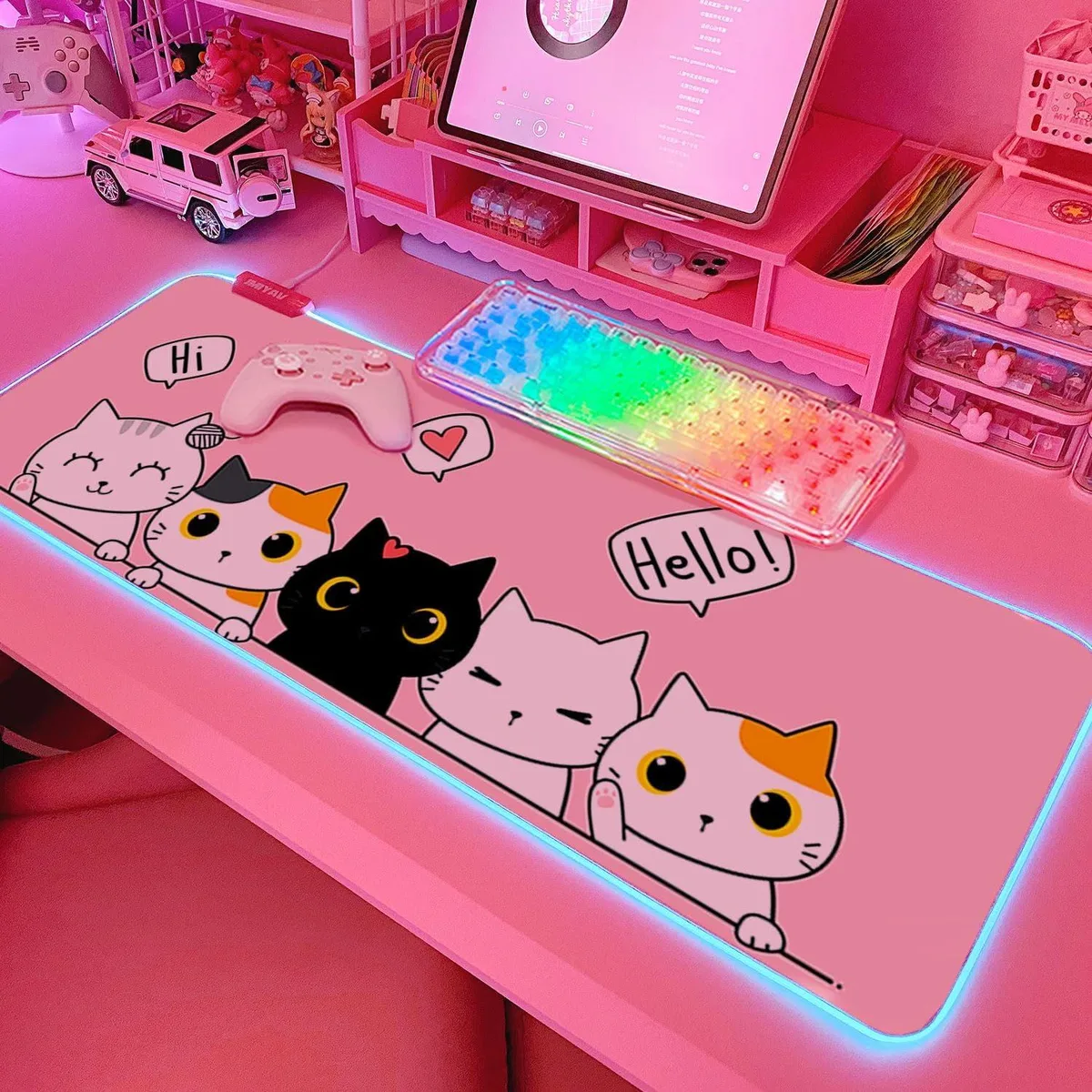 BAOFENG BAOFENG Pink Kawaii Cat RGB Mouse Pad 31.5x12 Inch — product photo
