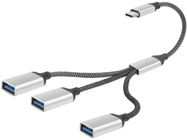 Short 20cm Y-splitter cable with USB-C male plug branching to three USB-A female ports