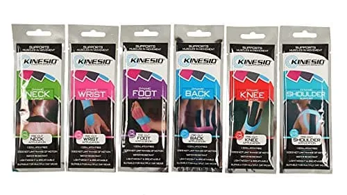 Boxed set of pre-cut elastic therapeutic tape strips for neck application