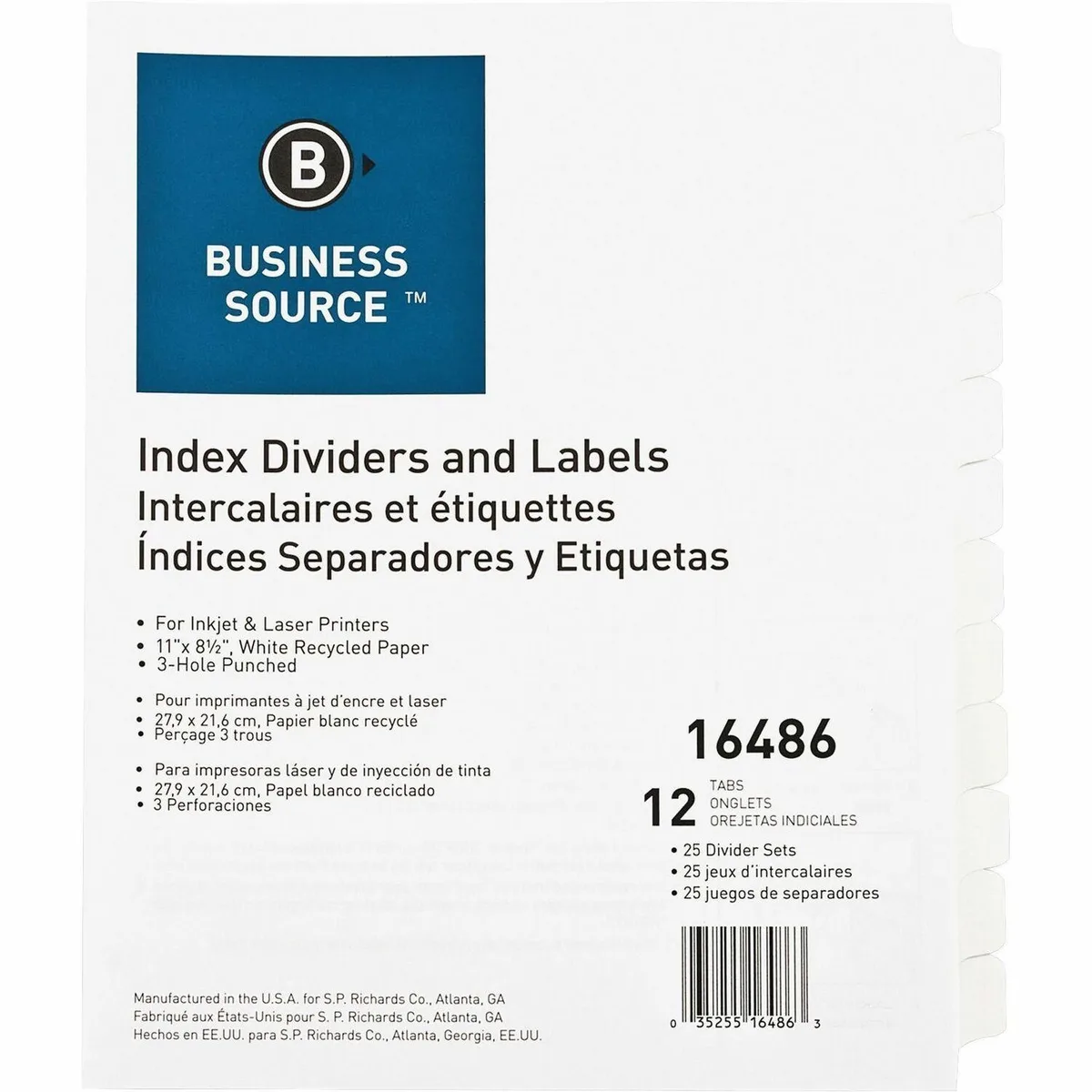 Business Source Business Source 16486 12-Tab Index Dividers 25 Sets White — product photo
