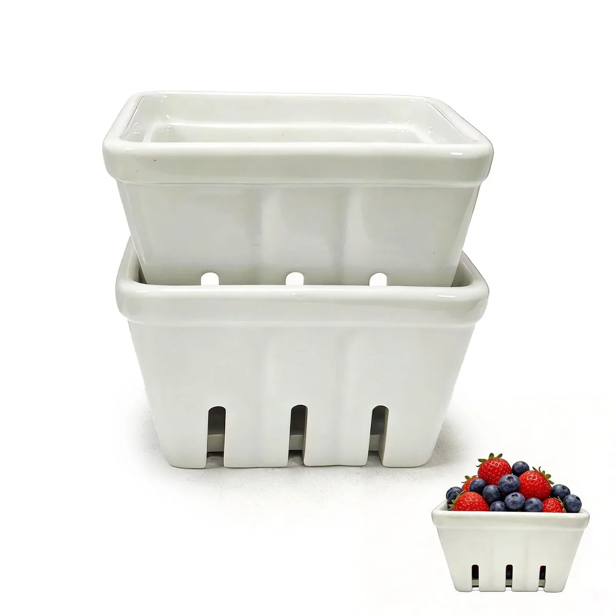 Two square ceramic berry baskets with drainage holes, white finish, 4.33 inches