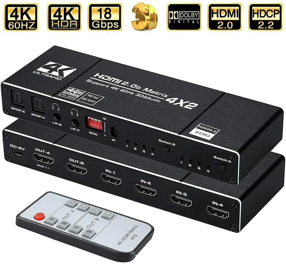 Black rectangular HDMI matrix switch with four inputs and two outputs plus optical and 3.5mm audio ports