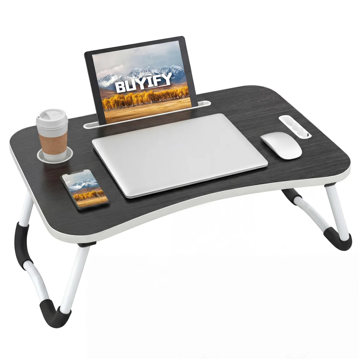 Black and gold foldable lap desk, 23 inches wide with cup holder