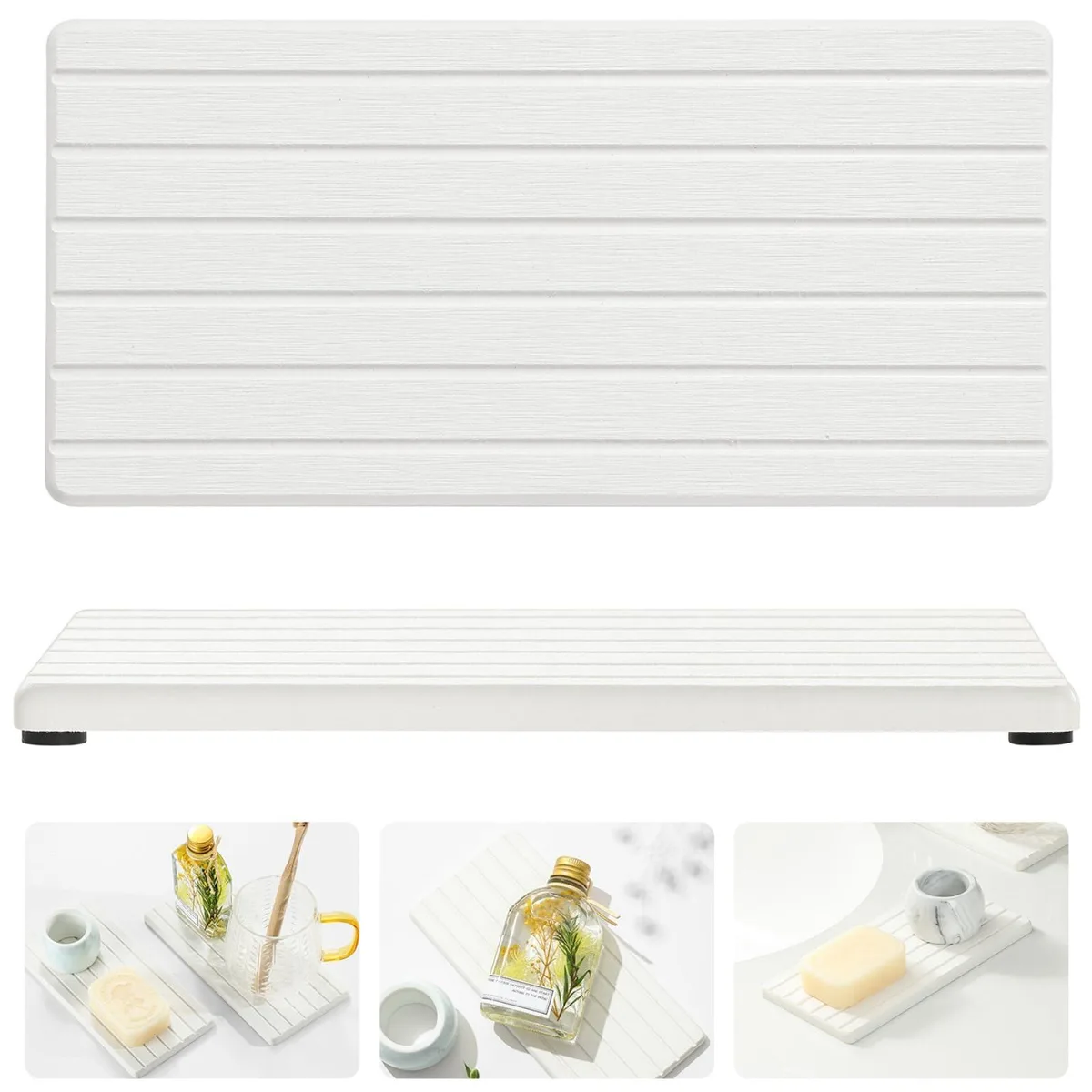 Two ivory white rectangular diatomite stone drying trays with silicone footpads, each 8 by 3.8 inches