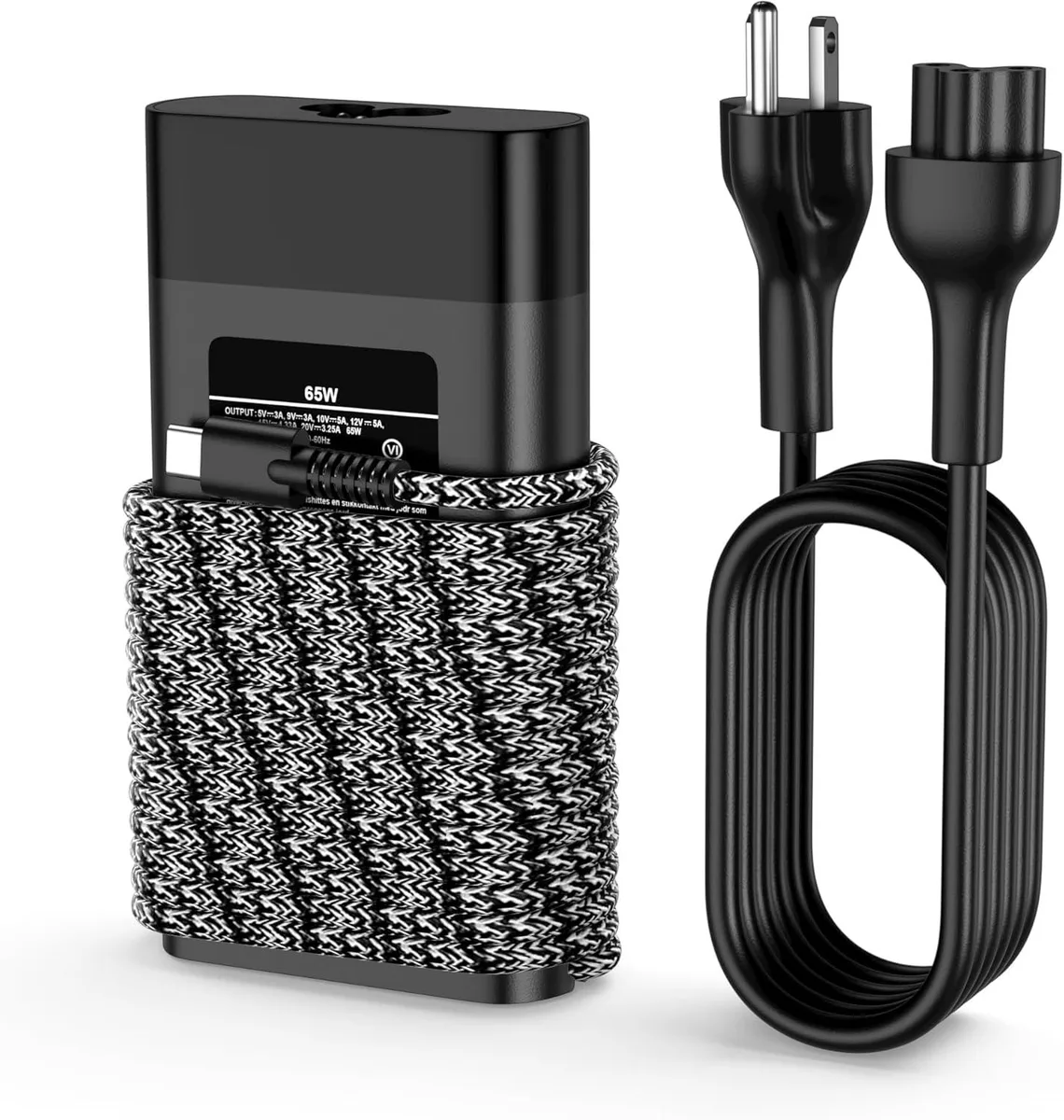 Slim black 65W USB-C laptop charger with detachable cable