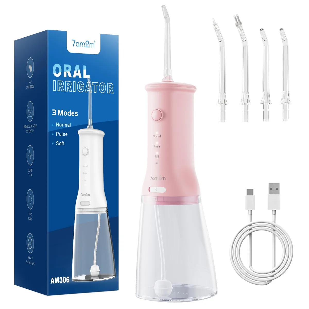 Pink cordless water flosser with detachable 350ML tank and IPX7 rating