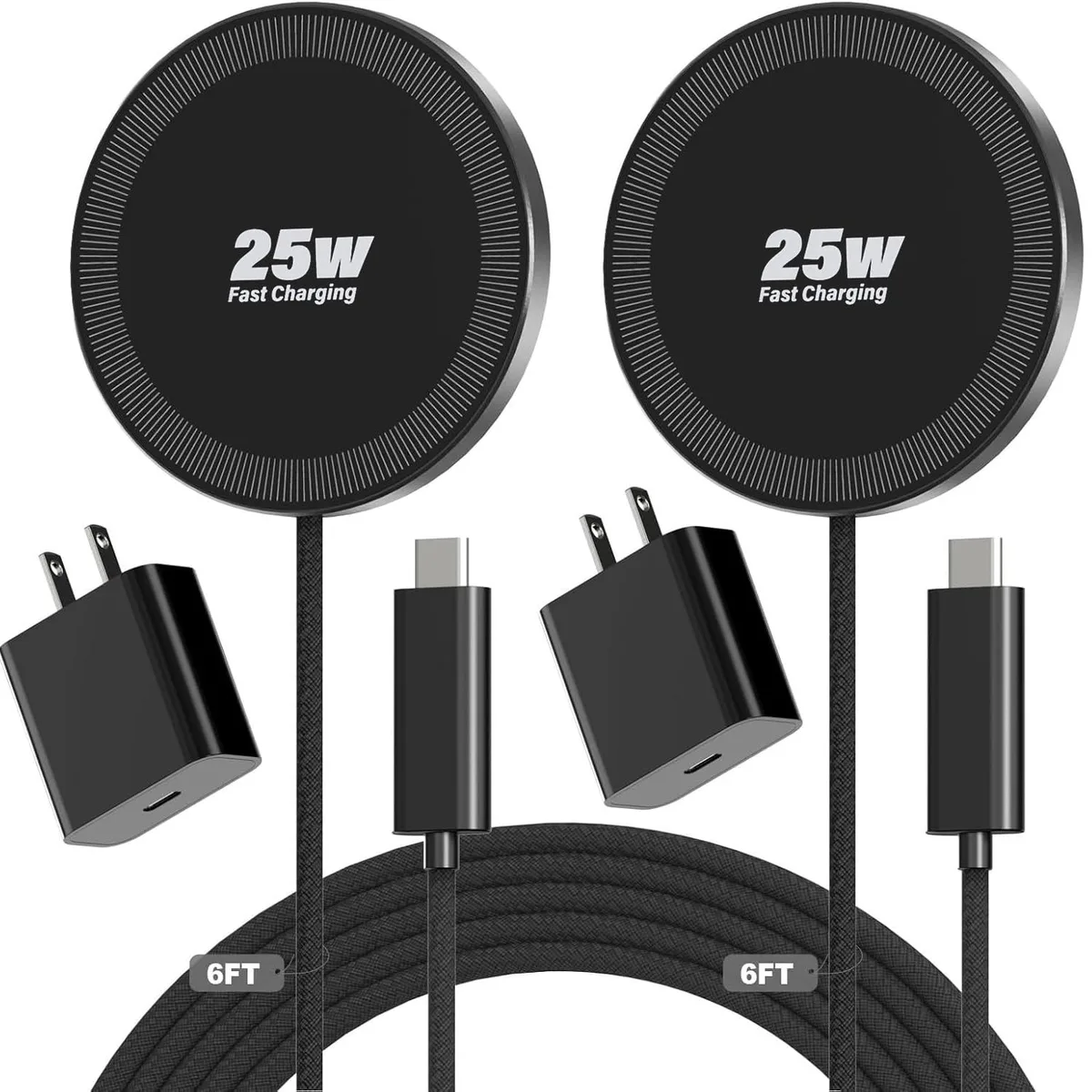 Two black magnetic wireless charging pads with six foot braided cables