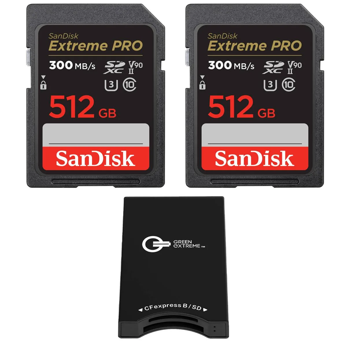 SanDisk SanDisk 512GB Extreme PRO UHS-II SDXC memory card 2-pack with USB-C CFexpress Type-B and SD reader — product photo