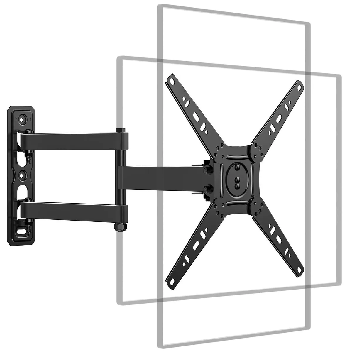 Black full-motion corner TV wall mount with long articulated arm, shown extended