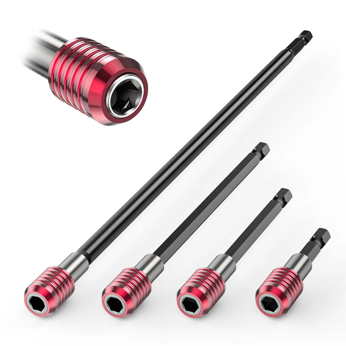 Set of four chrome-vanadium steel drill bit extensions with magnetic 1/4-inch hex shanks in four lengths
